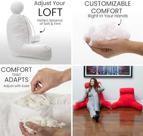 Husband Pillow Medium Reading Pillow with Arms - 23" Backrest for Sitting Up in Bed - Firm Support Bed Rest Pillow for Adults, Neck Roll, Removable Cover - TV, Reading, Lounging - Red