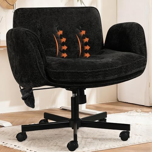 Criss Cross Chair with Lumbar Airbag & Folding Arms Relieve Back Pain, Wide Cross Legged Office Chair for Home Office, Comfy Swivel Desk Chair with Wheels, 5 Level Adjustable Armrest, Chenille(Black)