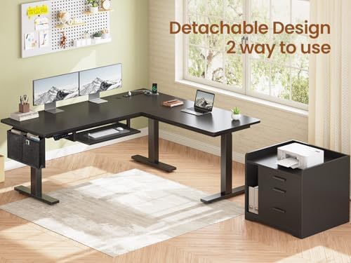 SEDETA L Shaped Standing Desk with File Cabinet, 3 Drawers, Power Outlet