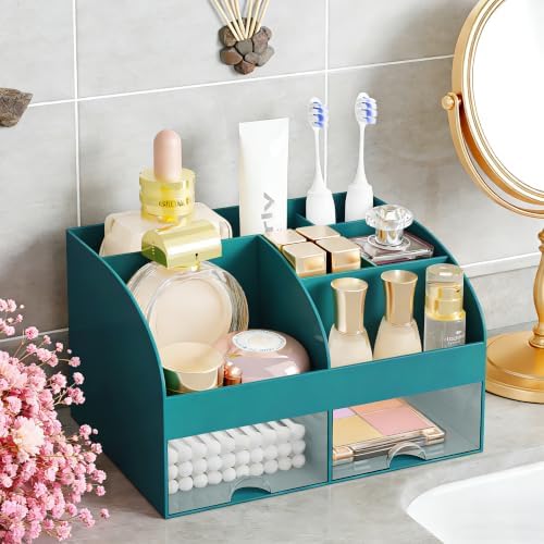 Makeup Organizer with 2 Drawers, Cosmetic Storage for Dresser Vanity and Bathroom Countertop,Make up organization and Skincare Storage with Beauty Brush Holder, Cosmetic Display Case (Dark Green)