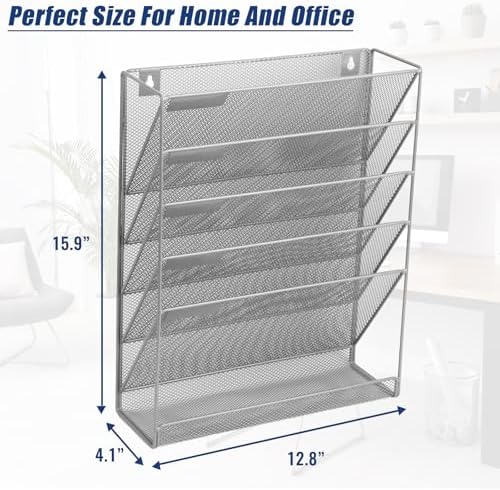 EASEPRES Desk File Organizer Mesh 6-Tier, Hanging Wall Mount Document Organization Stand, Desktop Vertical Mail Paper Folder Holder Rack with Bottom Tray for Office Home Cubicle Countertop, Gray