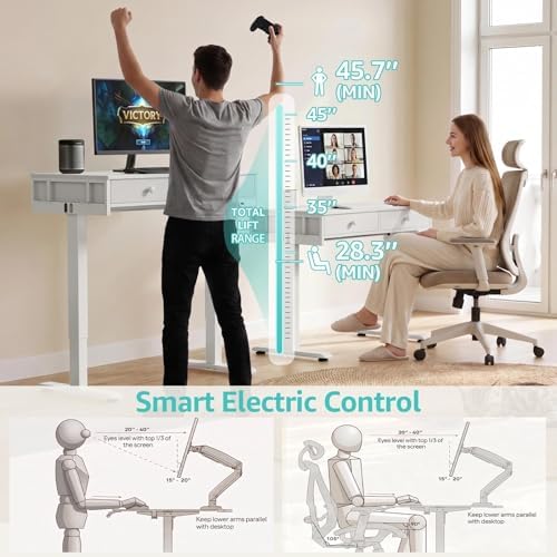KLUVIS White Electric Standing Desk with Drawers, 39 Inch Small Adjustable Desk with Storage, Sit Stand Computer Study Writing Desks for Small Space Home Office, Stand Up Work Desks for Walking Pad