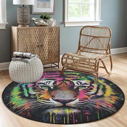 Room Sofa Yoga Soft Round Carpet, Home Decor Non Slip Kitchen Office Circle Rug, Machine Washable Modern Round Area Rug Colorful Tiger, 24inch