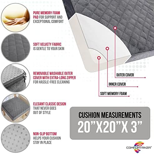 Medium-Soft 20x20x3 Memory Foam Recliner Chair Seat Cushion for Long Sitting - Armchair Pad with Washable Velvety Cover with Waterproof Layer & Non-Slip Base for Seniors & Elderly - Beige