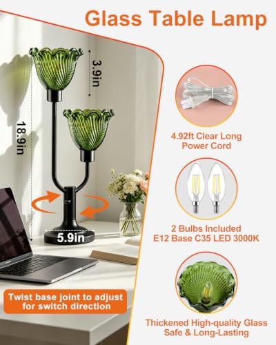 Green Glass Table Lamp for Bedroom Vintage Flower Lamp Dimmable