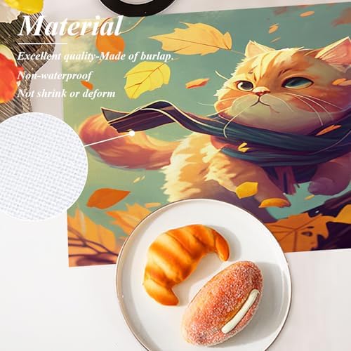 Shrahala Autumn Maple Leaves Set of 4 12 X 18 Inch Linen Placemats, Kittens Scarves Fallen Leaves Autumn Wind Burlap Table Mat Washable Double Layered Heat Insulation for Indoor/Outdoor