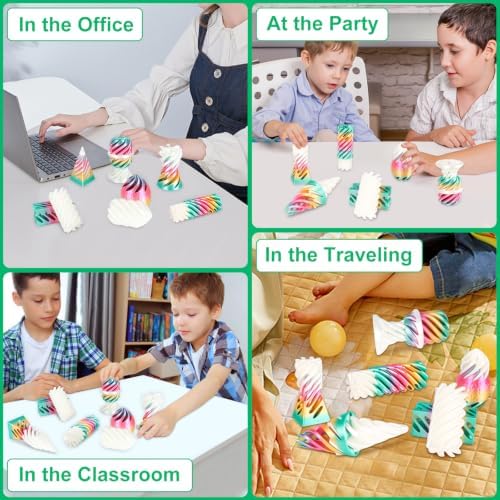 6 Packs Spiral Cone 3D Printed Fidget Toy Set, Flexible Impossible Cone Pyramid Passthrough Toys for Stress Relief,Desk Deco Relaxing for Kids Adults, Candy Gradient Rainbow & White