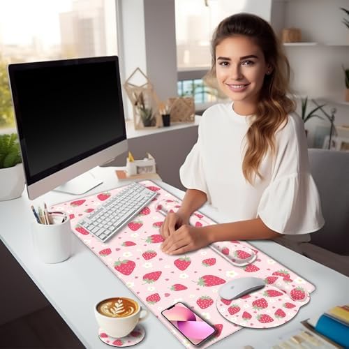 LIMKRIAN Strawberry Mouse Pad Large Desk Mat Set, Pink Ergonomic Mouse Pad
