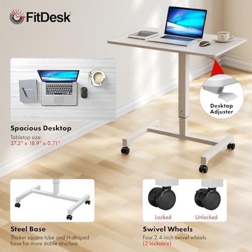FitDesk Portable Laptop Desk, Adjustable Standing Workstation - White 27"