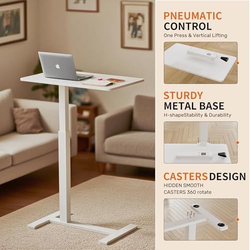GallopFun Rolling Teacher Standing Desk with Hidden Wheels,Pneumatic Mobile Laptop Table Height Adjustable Small Sit Standing Desk for Home Office,White