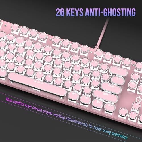 Typewriter Mechanical Gaming Keyboard with RGB Backlit Red Switches, 104 Keys Retro Round Keycap, Wired Typewriter Style Comfortable Typing Soud (Pink)