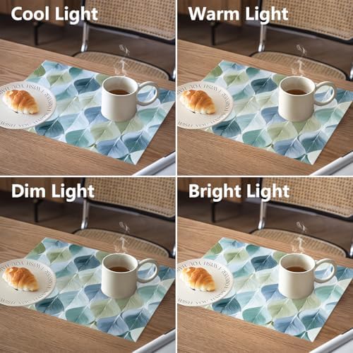 Mid Century Abstract Autumn Shapes Modern Pattern Linen Placemats, Leaf Green and Blue Repeating Table Mats for Table Washable Heat Insulation Thick Dining Mat, Indoor/Outdoor 12X18 in 4 Pcs