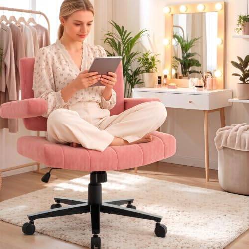 Vigosit Criss Cross Office Chair, Plush Oversized for Cross-Legged Sitting, Adjustable Arms & 360° Swivel Casters - for Home Office, Study, Gaming, Vanity, Comfortable Computer Chair(Pink)