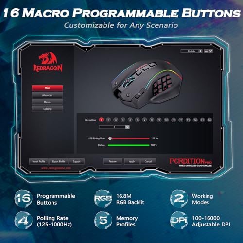 Redragon Wireless Gaming Mouse, MMO Gaming Mouse UP 16,000 DPI, 16 Macro Programmable Buttons, RGB Rechargeable Mouse with 12 Side Buttons, 70Hrs for PC Laptop MOBA FPS, White,M901P-WS