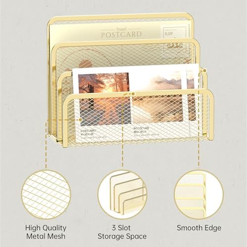 Mail Organizer Countertop for Desk, Mail File Holder with 3-Slot, Gold