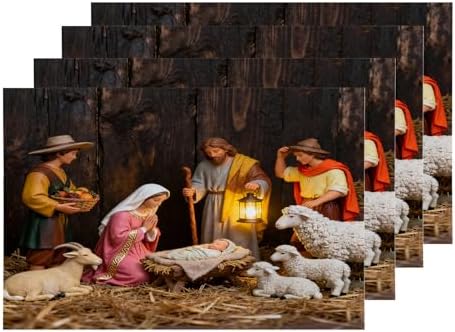 Shrahala Brown Christmas Christian Church Placemats, Brown Light Devotional Baby Table Mat Linen Burlap Washable Double-Deck Heat Insulation for Dining Table Kitchen Table Set of 4 (12 x 18 inch)
