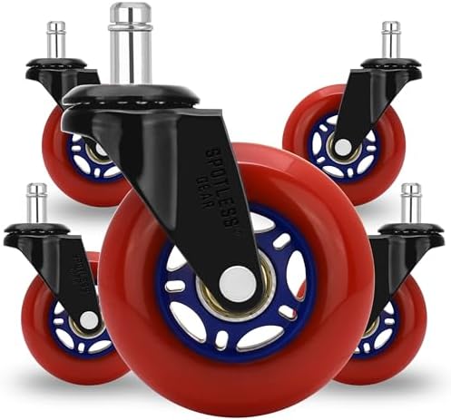 Roller blade Office Chair Wheels for Gaming Chair, 3 inch Replacement Rubber Casters for Hardwood Floors & Carpet, Ultra Smooth & Quiet Heavy Duty Desk Chair Wheels, Set of 5 (Red Blaze)