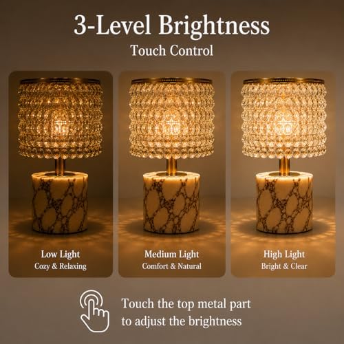 Morlok Marble Lamp with Natural Calacatta Viola Marble Base, K9 Crystal Shade & Gold Metal Frame, 4000mAh Rechargeable Lamp, 12–48H Battery Life, 3-Level Dimming 3000K Warm LED Home Decor Gift