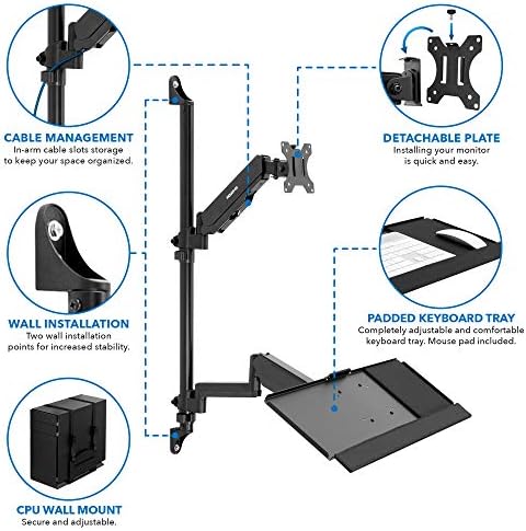 Mount-It! Single Monitor Arm Wall Mount Workstation with Keyboard Tray & CPU Holder, Height Adjustable Gas Spring Full Motion Computer Station, Fits 17–32” VESA 75x75 100x100, Black