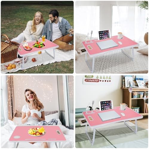 Laptop Bed Table, Laptop Desk for Bed, Foldable Laptop Bed Desk with USB Charge Port, Handle, Desktop Card Slot, Cup Slot, Side Drawer, Portable Laptop Table for Bed Eating Reading Working