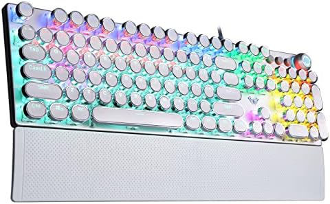 AULA F2088 Typewriter Mechanical Keyboard, White Retro Wired Gaming Keyboard with Blue Switches, Rainbow Backlit, Round Keycaps, Media Knob & Removable Wrist Rest