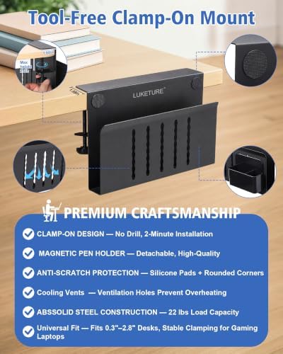 LUKETURE Desk Side Storage Laptop Holder No Drill Clamp On Organizer
