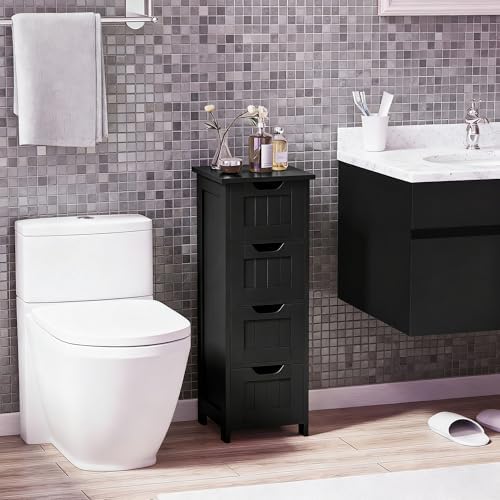 Bathroom Floor Storage Cabinet, Freestanding Wooden Side Organizer w/4 Drawers & Anti-Tip Kit for Bathroom Living Room Hallway Office Study, Black
