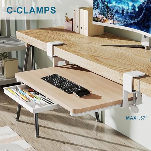 ETHU Small Keyboard Tray Under Desk with C-Clamp, 19.7x11.81", Oak
