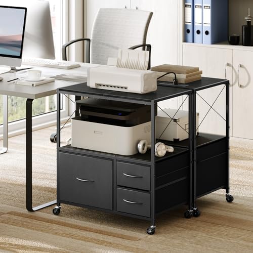 MAHANCRIS File Cabinet with Charging Station, 3 Drawer Lateral Filing Cabinet for Home Office, Mobile Printer Stand with Open Shelf, Fits A4/Letter Size File, Nonwovens Drawer, Black FCHB98E01