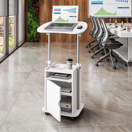 Techni Mobili Adjustable Laptop Cart w/Storage, Rolling Mobile Desk, White