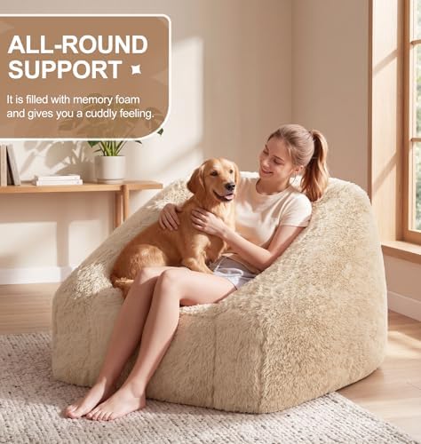 Hobestluk Bean Bag Chair Plush Accent Chair Armrest Living Room Adult Beige
