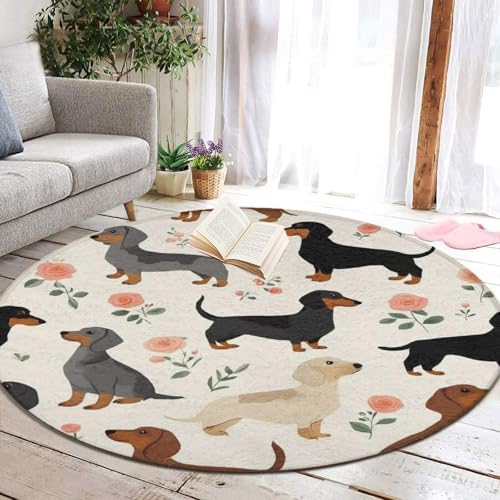 Large Home Decor Mat, Soft Round Yoga Carpet, Non Slip Machine Washable Home Office Circle Rug Cute Dachshund Floral