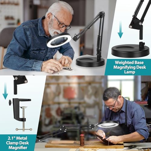 12X Magnifying Glass with Light and Stand, 2-in-1 Desk Lamp & Clamp Light, Seylae 5 Color Modes, Brightness Stepless Dimmable LED Lighted Magnifier Hands Free, Magnifier Lamp for Close Work, Reading