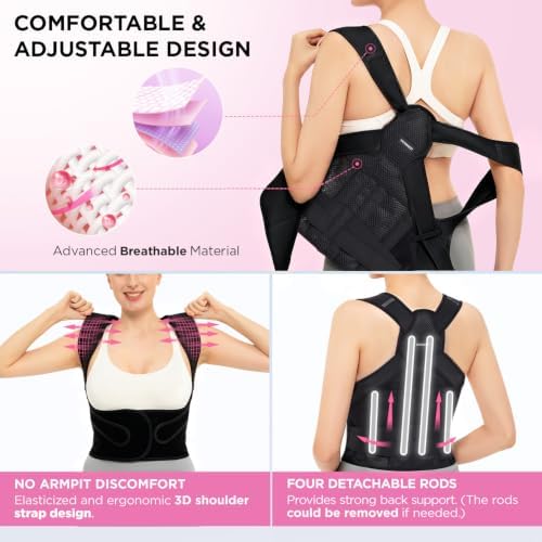 Vicorrect Posture Corrector for Women and Men: Adjustable Back Brace for Upper Back Support - Shoulder Neck Pain Relief - Lightweight Breathable Design (Black Large)