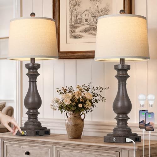 Cinkeda 29" Tall Farmhouse Table Lamp for Living Room Set of 2,Vintage Retro Nightstand Lamps with USB C+A Ports & AC Outlet,3-Way Dimmable Touch Bedside Lamp for Bedroom End Table,Earthy Tone
