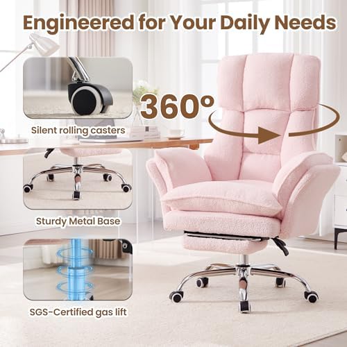 Big and Tall Office Chair with Flip Arms and Footrest, Teddy Criss Cross Legged Home Office Desk Chair with Pet Seat, Comfy Reclining Computer Gaming Chair, Pink