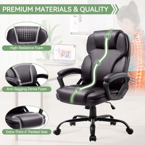 Ergonomic Office Chair with High Back, Comfy Desk Chair, Adjustable Executive Office Chair for Home Office, Big and Tall Computer Chair Heavy Duty, 360° Swivel, Faux Leather Brown