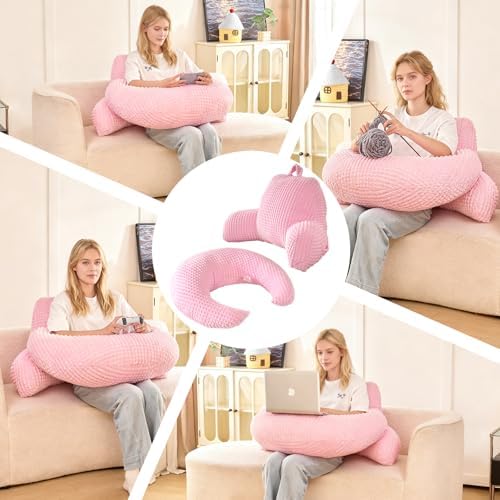 17" Reading Pillow for Bed,U Shaped Arm & Elbow Support,Pink Flannel