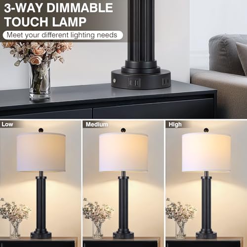 28" Tall Modern Table Lamps Set of 2 with USB C+A Ports and AC Outlet, 3 Way Touch Metal Bedside Lamps for Bedroom, Black Nightstand Lamps for Living Room