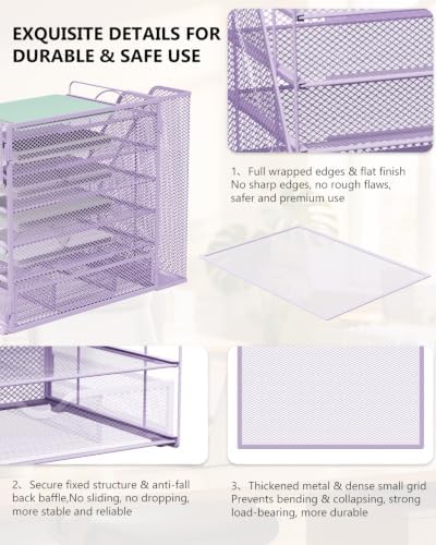 WALI Desk File Organizer, 6 Tier Desktop Paper Letter Tray Organizer with Drawer and 2 Pen Holders, Office Desk Accessories & Workspace Organizers for Office, Home Supplies(DO007DH-V), 1 Pack, Purple