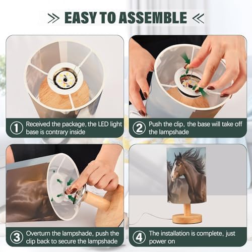 Bedside Lamp Horses Table Lamp for Bedroom LED Nightstand Lamp Shade USB Ports Wood Base for Living Room Dorm Office