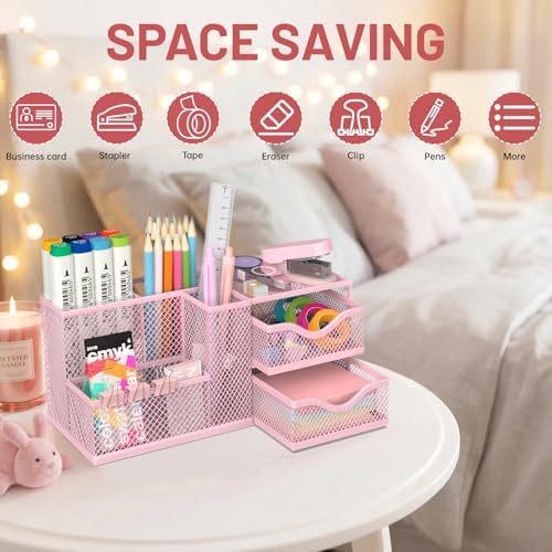 Mesh Desk Organizer with 2 Drawers, Metal Pen Holder for Desk, Pink