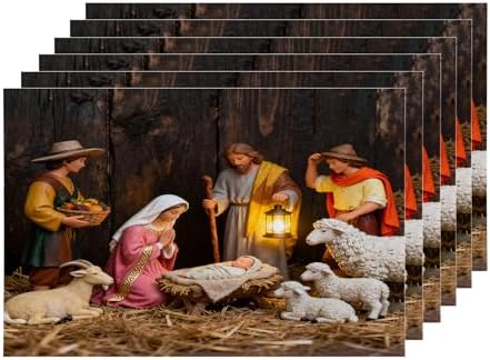 Shrahala Brown Christmas Christian Church Set of 6 12 X 18 Inch Linen Placemats, Brown Light Baby Burlap Table Mat Washable Double Layered Heat Insulation for Indoor/Outdoor