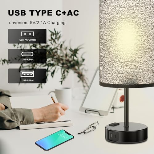 Table Lamp for Bedroom with Touch Control,Bedside Lamp with USB C+A Charging Ports& AC Outlets, Adjustable 3color LED Light for Home Decor/Nightstand/Bedroom/Office,Included Bulb and Fabric Lamp Shade
