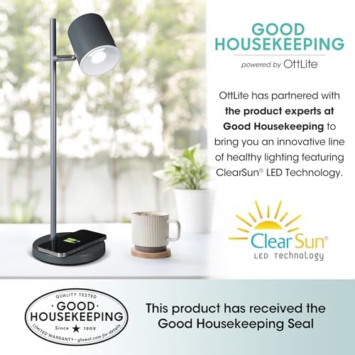 OttLite Good Housekeeping Modern LED Desk Lamp, Wireless Charging, Grey
