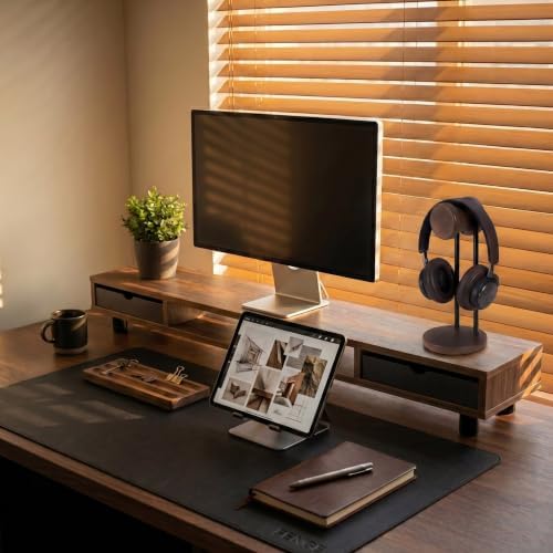 Fenge Dual Monitor Riser with 2 Drawers, 42.5in Long Desk Shelf, Brown