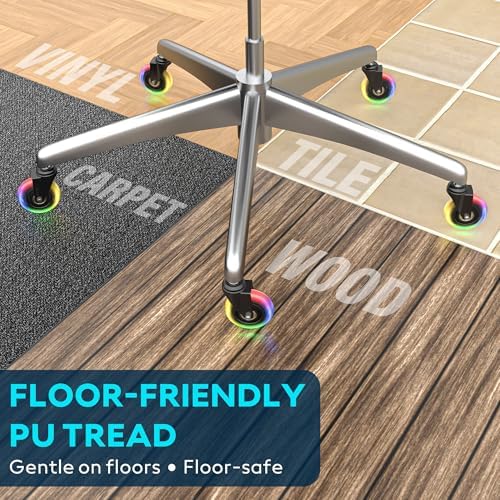 WEWILL RGB Chair Caster Wheels, Self-Lit No Batteries, 3" PU Rubber (5-Pack), Heavy Duty 325kg/715lb, Universal 11x22mm Stem, Quiet for Carpet/Hardwood (Not IKEA)