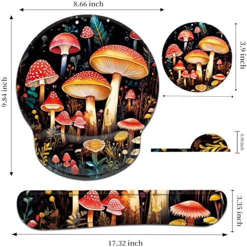 Keyboard Wrist Rest and Mouse Pad Wrist Support Set with Coaster,Comfortable for Easy Typing,Pain Relief,Memory Foam Keyboard Pad Set for Laptop Mac,Cute Mushrooms