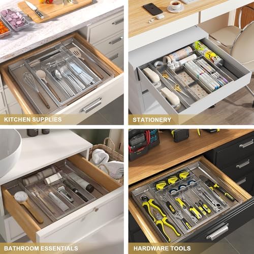 Sedegn Silverware Organizer Metal Mesh, Large Drawer Organizer, Utensil Cutlery Tray for kitchen drawers, Expandable Flatware Organizer with 8 Compartment Silver 11.6"~20" x 17.3"