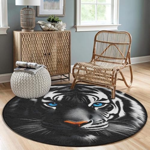 Large Machine Washable Circular Rugs, Home Decor Round Mat for Living Room Sofa Office White Tiger